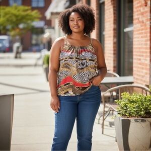 Ashley Stewart Black White Red Gold Printed Sleeveless Blouse